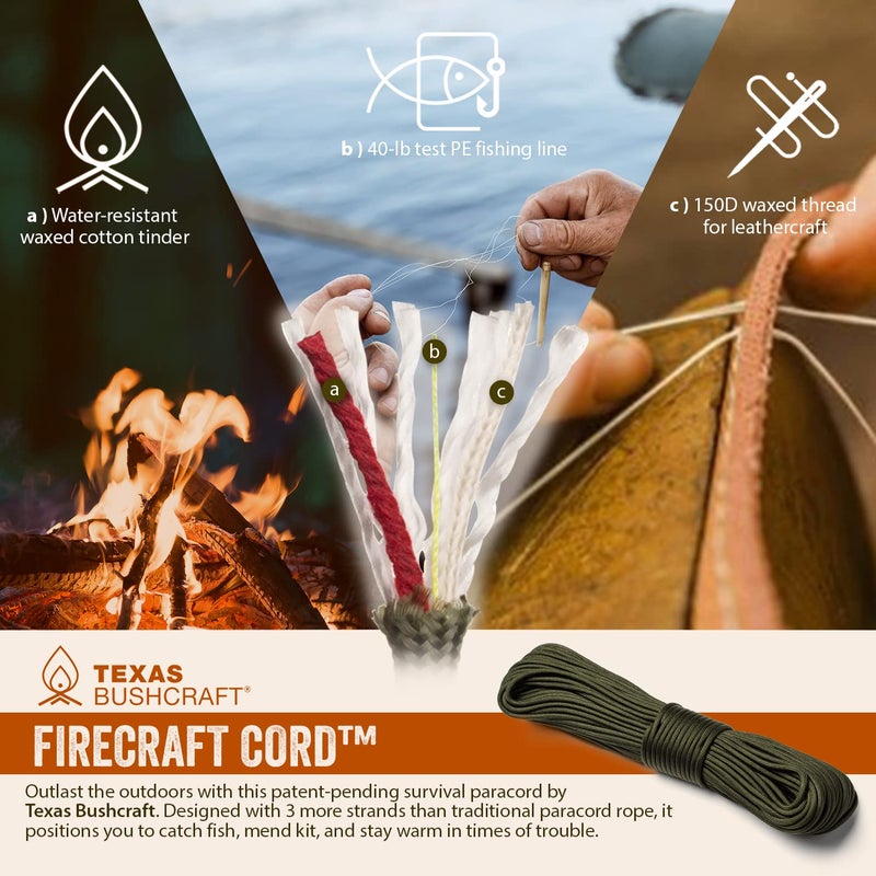 Texas Bushcraft Firecraft Cord - Utility Paracord Survival Rope, Parachute Cord for Survival Gear â€“ 3 Extra Strands for Emergency Preparedness Fishing, Sewing and Tinder (Army Green, 100 ft) - Image 5